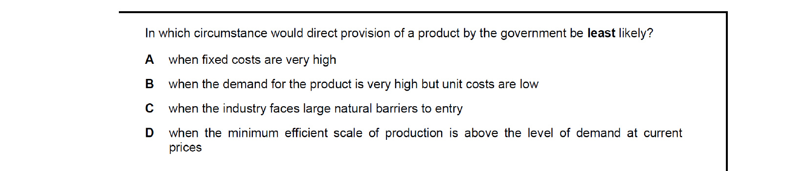 CIE 9708 Economics multiple-choice question on Government Policies to Achieve Efficient Resource Allocation and Correct Market Failure (image 5)