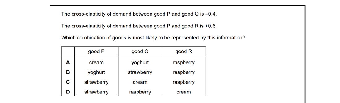 CIE 9708 Economics multiple-choice question on Price Elasticity, Income Elasticity, and Cross Elasticity of Demand (image 2)