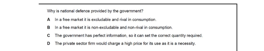CIE 9708 Economics multiple-choice question on Reasons for Government Intervention in Markets (image 8)