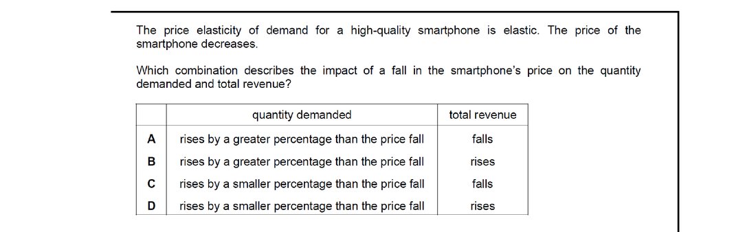 CIE 9708 Economics multiple-choice question on Price Elasticity, Income Elasticity, and Cross Elasticity of Demand (image 4)