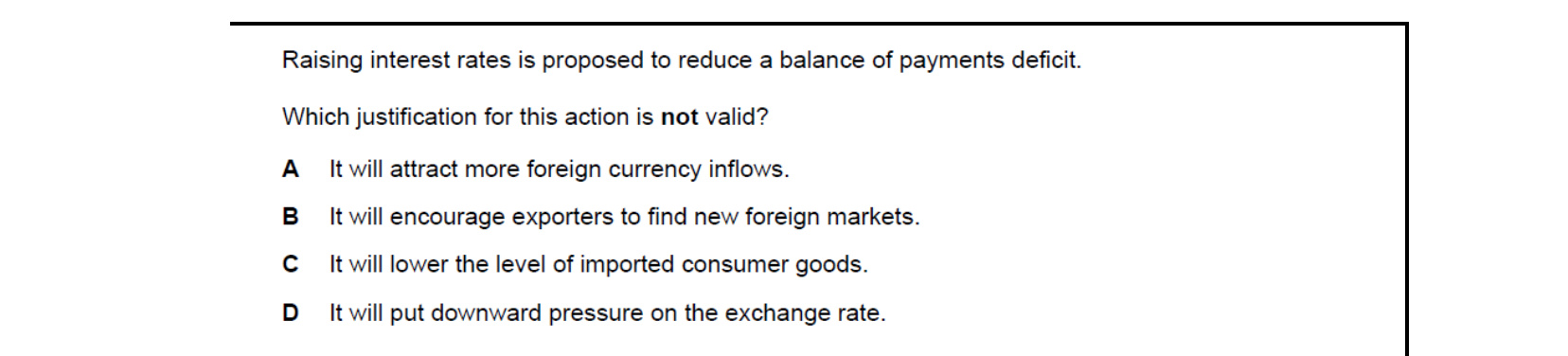 CIE 9708 Economics multiple-choice question on Policies to Correct Disequilibrium in the Balance of Payments (image 2)