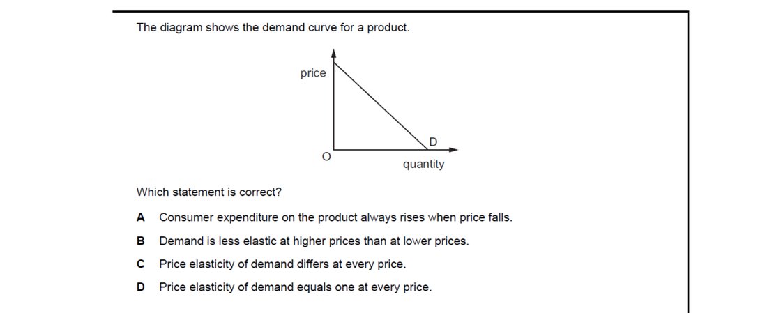 CIE 9708 Economics multiple-choice question on Price Elasticity, Income Elasticity, and Cross Elasticity of Demand (image 10)