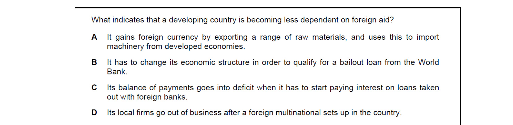 CIE 9708 Economics multiple-choice question on Relationship Between Countries at Different Levels of Development (image 9)