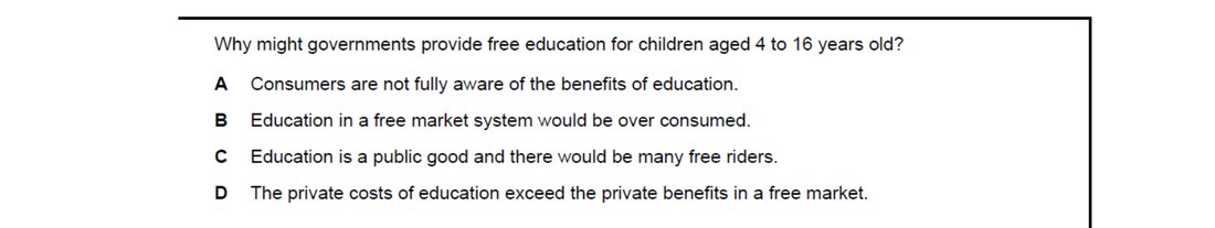 CIE 9708 Economics multiple-choice question on Reasons for Government Intervention in Markets (image 9)