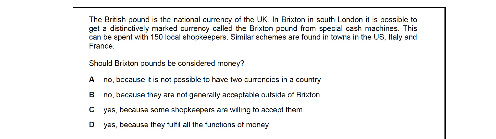 CIE 9708 Economics multiple-choice question on Money and Banking (image 9)