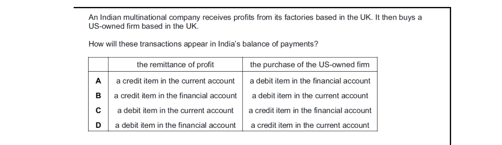 CIE 9708 Economics multiple-choice question on Policies to Correct Disequilibrium in the Balance of Payments (image 10)