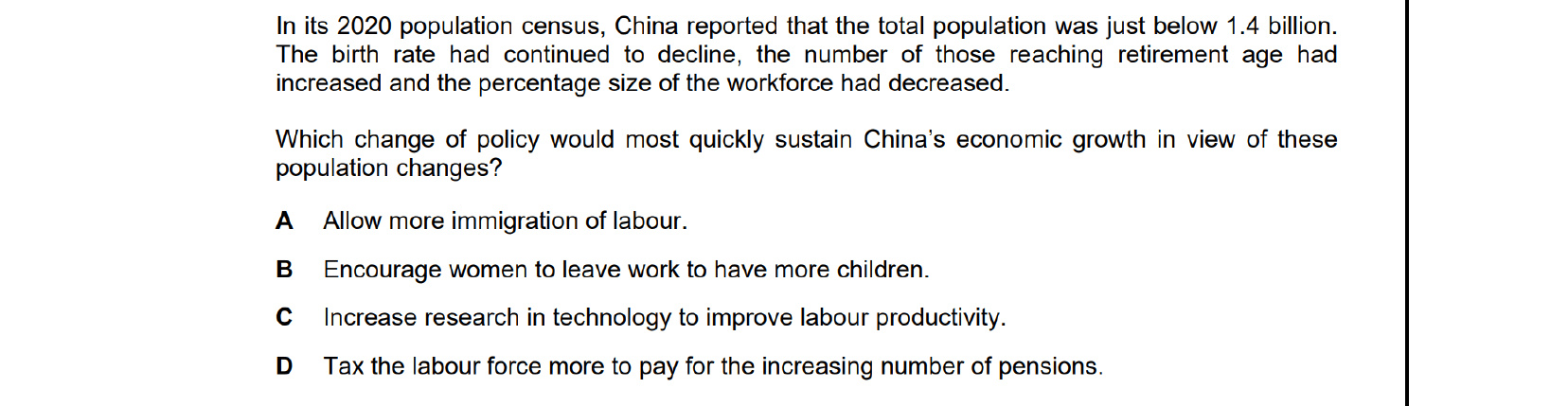 CIE 9708 Economics multiple-choice question on Effectiveness of Policy Options to Meet All Macroeconomic Objectives (image 1)