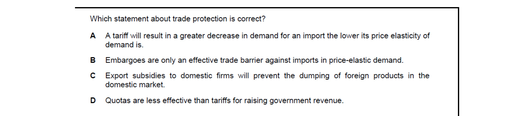 CIE 9708 Economics multiple-choice question on Protectionism (image 10)