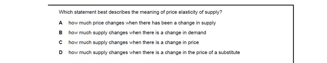 CIE 9708 Economics multiple-choice question on Price Elasticity of Supply (image 10)