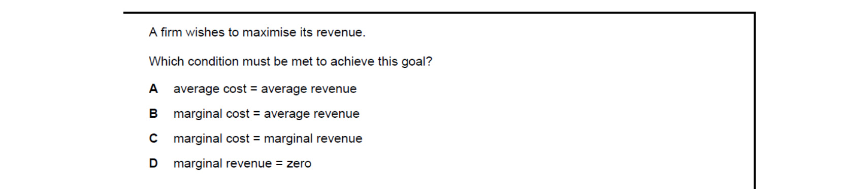 CIE 9708 Economics multiple-choice question on Types of Cost, Revenue and Profit, Short-Run and Long-Run Production (image 2)