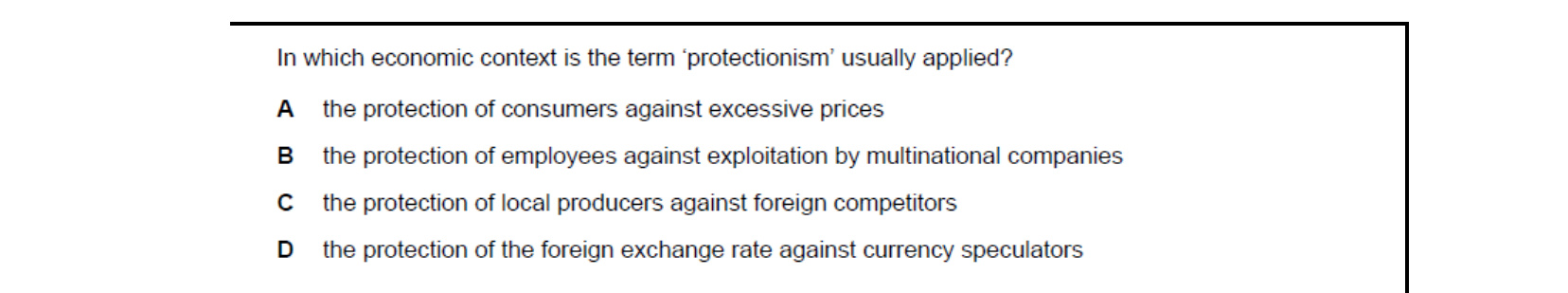 CIE 9708 Economics multiple-choice question on Protectionism (image 6)