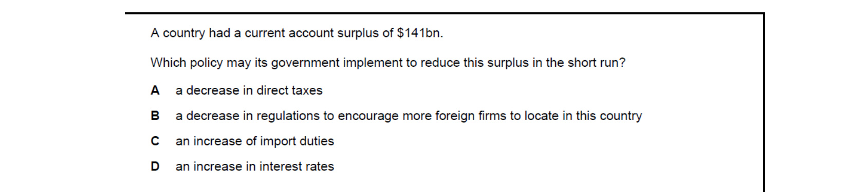 CIE 9708 Economics multiple-choice question on Policies to Correct Imbalances in the Current Account of the Balance of Payments (image 2)