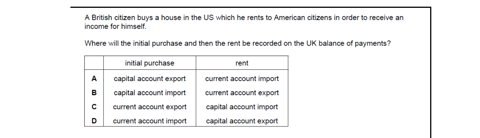 CIE 9708 Economics multiple-choice question on Policies to Correct Disequilibrium in the Balance of Payments (image 8)