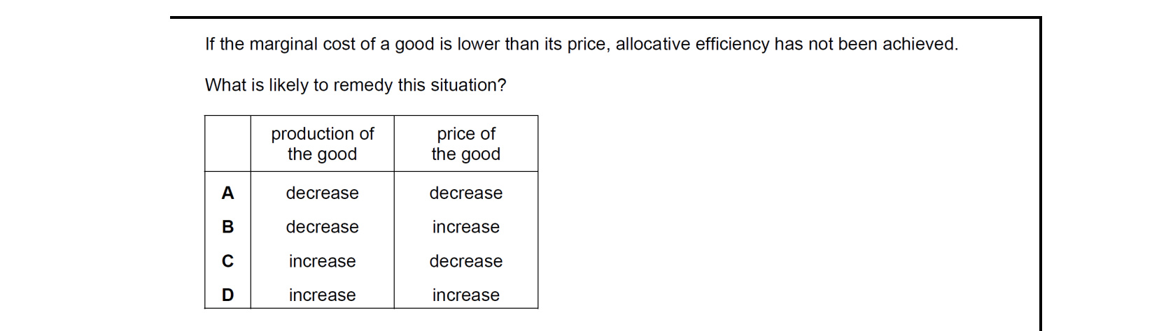 CIE 9708 Economics multiple-choice question on Efficiency and Market Failure (image 2)