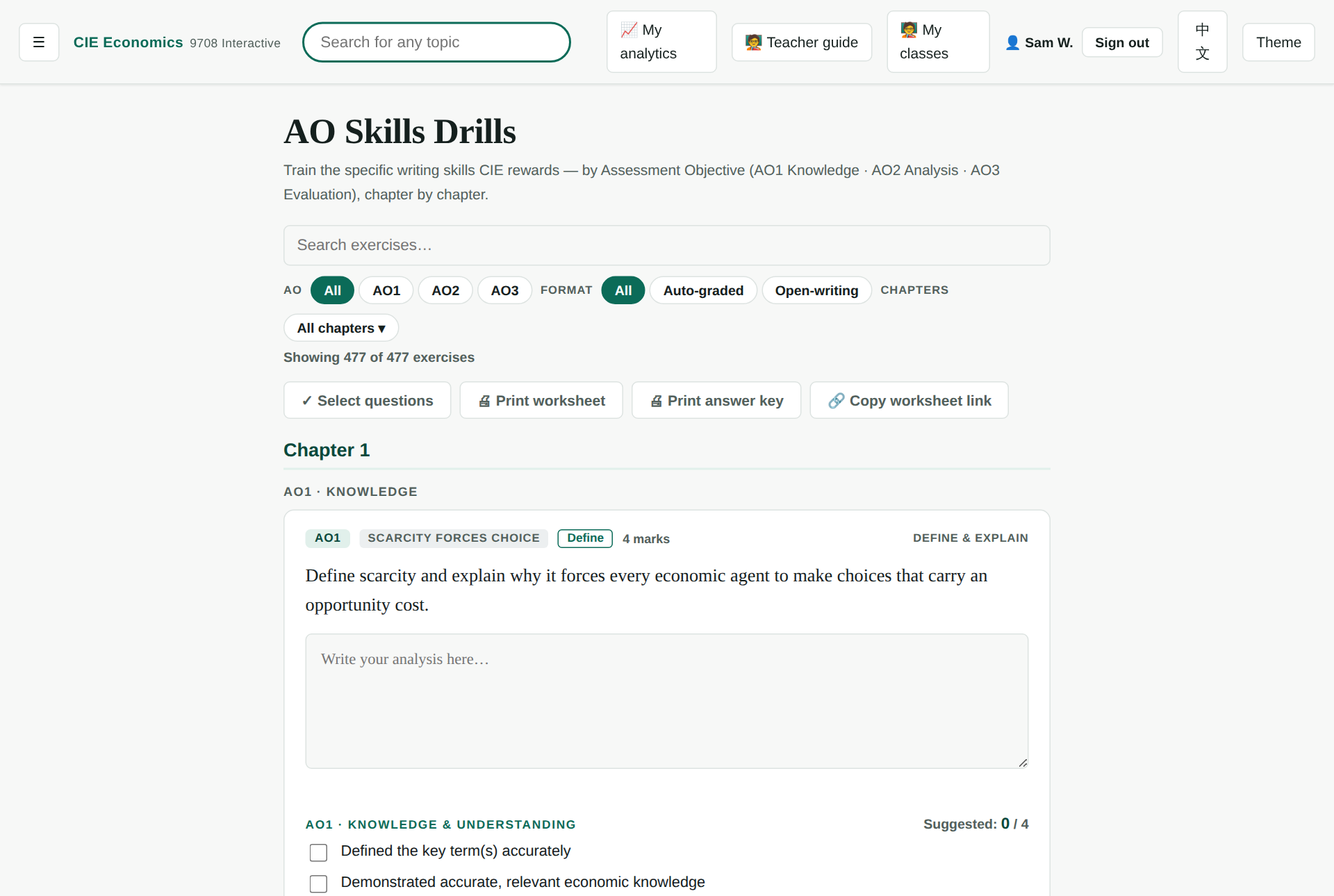 The AO skills drills page filtered by assessment objective and chapter
