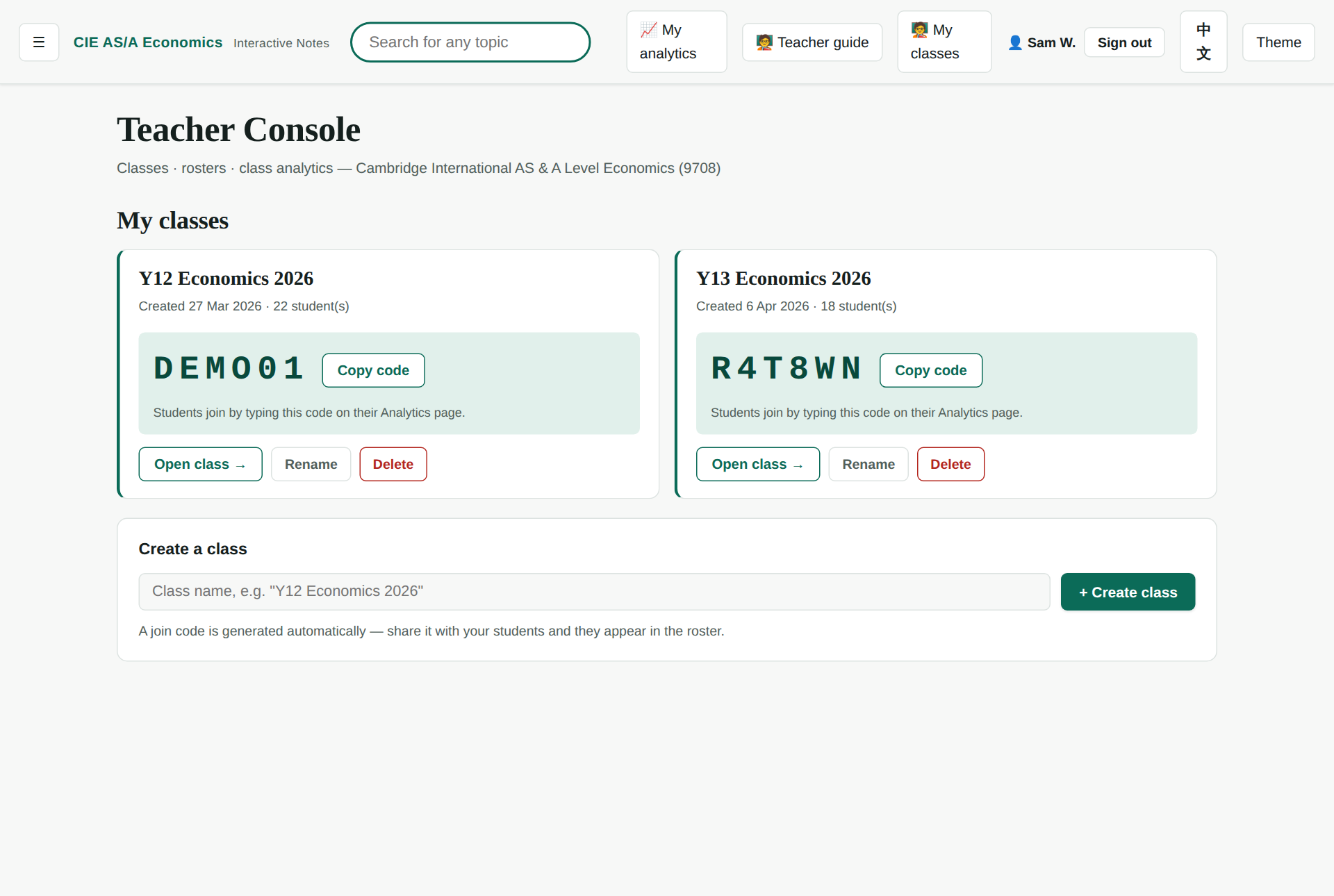 The teacher console listing the teacher's classes with their join codes