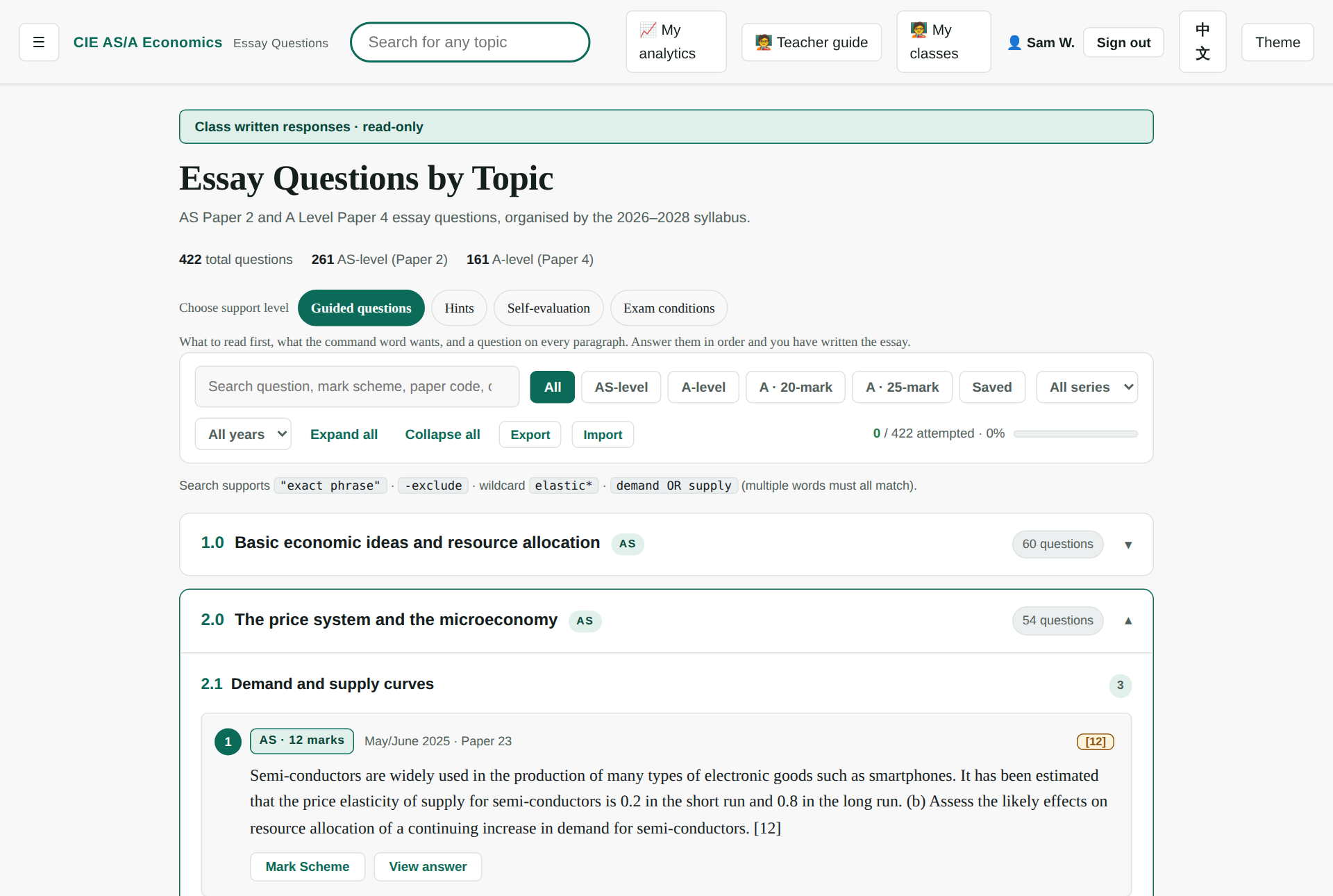 The essay questions page in class mode, with class responses expandable under each prompt