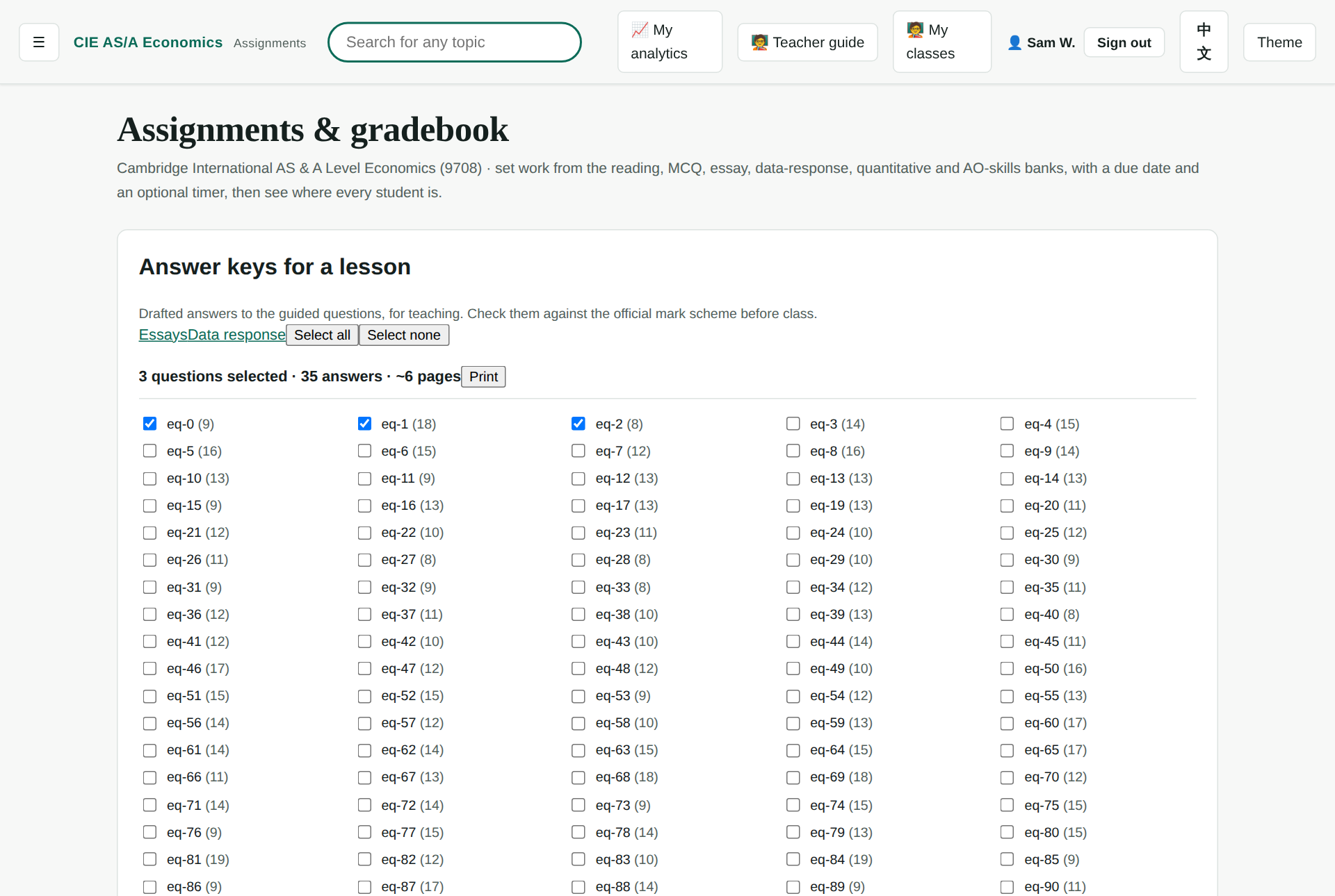 The answer-key print picker in the gradebook, listing question references and how many answers each has