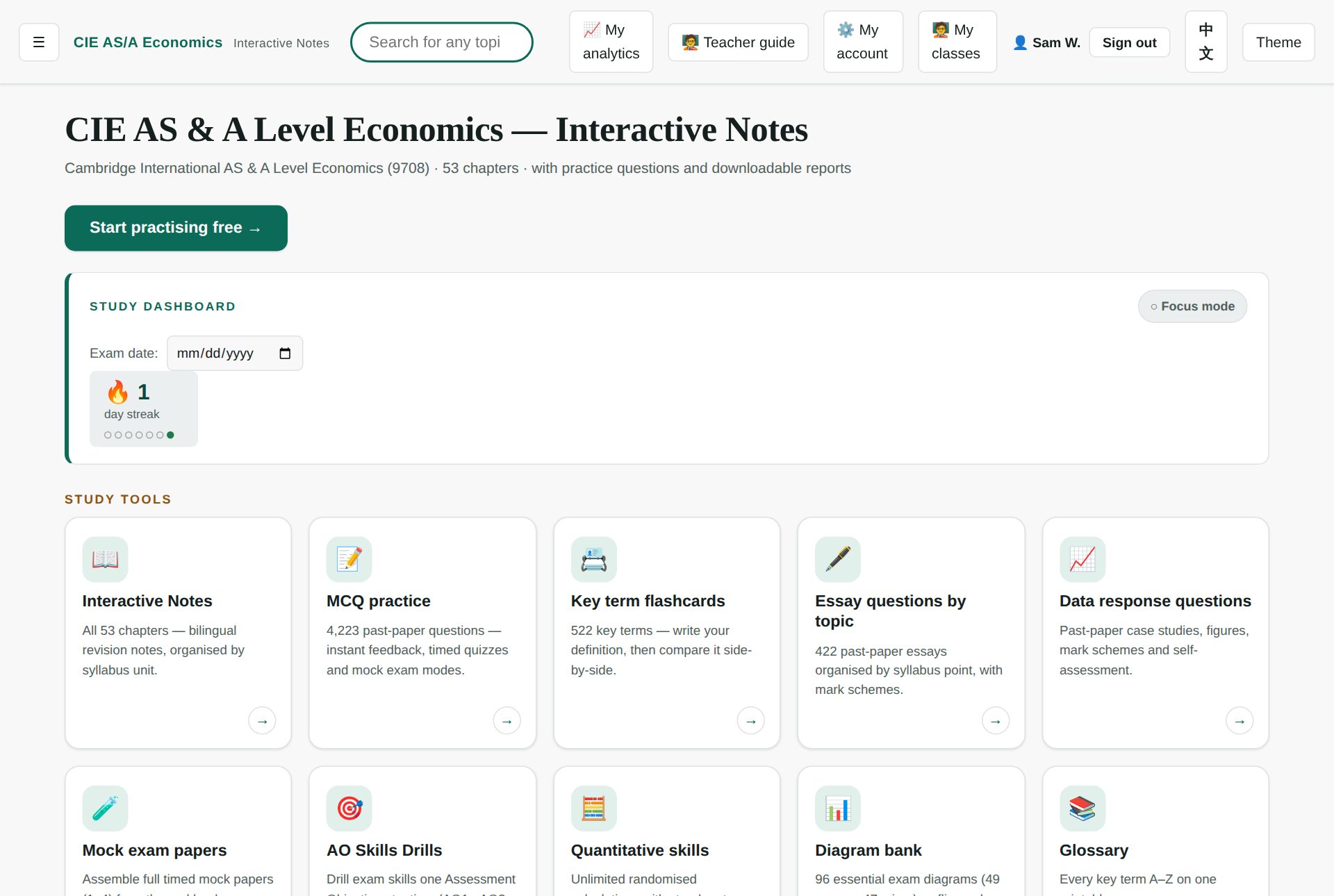 The CIE 9708 Economics home page, with the teacher-only tool cards greyed out and marked with a lock chip